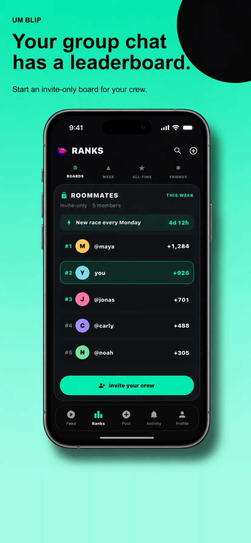 Invite-only friend group leaderboard in Um Blip